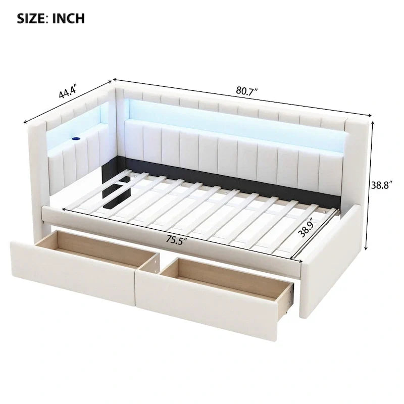 Upholstered Platform Bed with USB Ports & LED Lighting - Full/Twin Size Bed Frame with 2 Storage Drawers - Modern Bedroom – Image 7