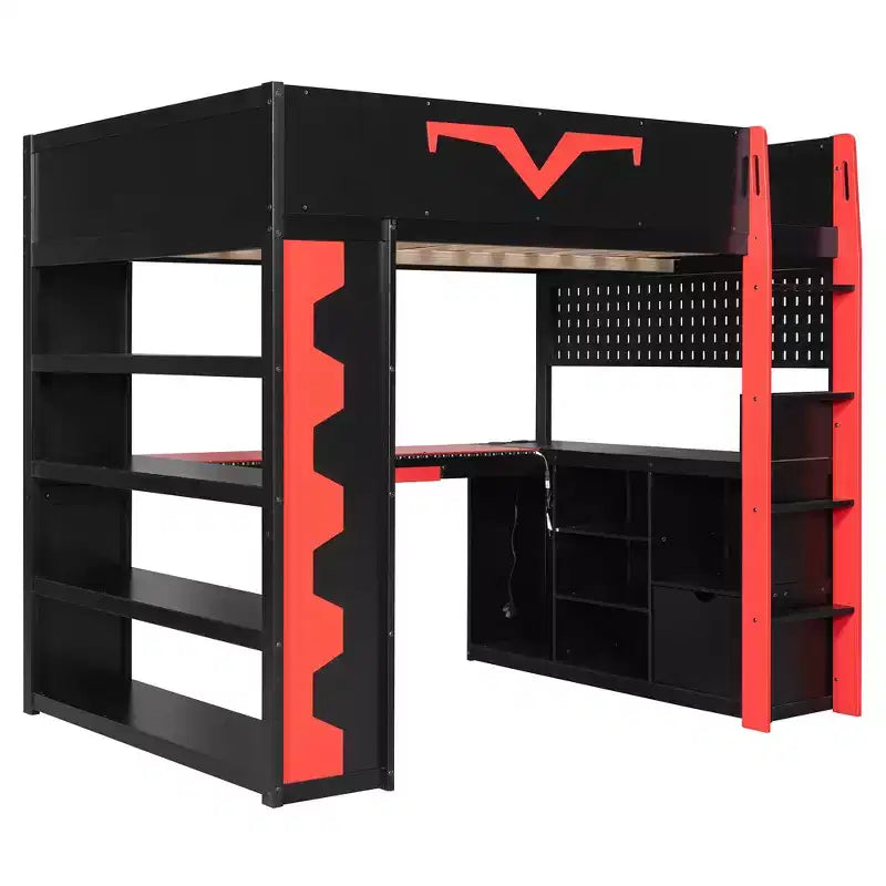 Luxystar Modern Gaming Full Loft Bed With Lighted Desk And Keyboard Tray, Pegboard, Storage Bookcase – Image 6