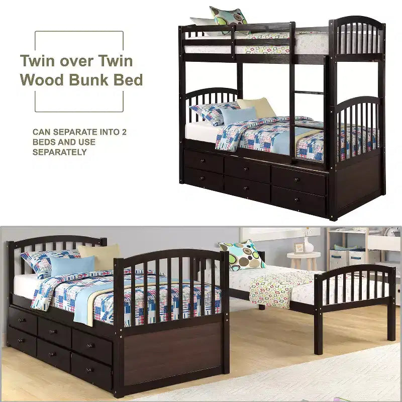 Twin Bunk Bed with Ladder, Safety Rail, Twin Trundle Bed with 3 Drawers for Teens Bedroom, Guest Room Furniture – Image 6