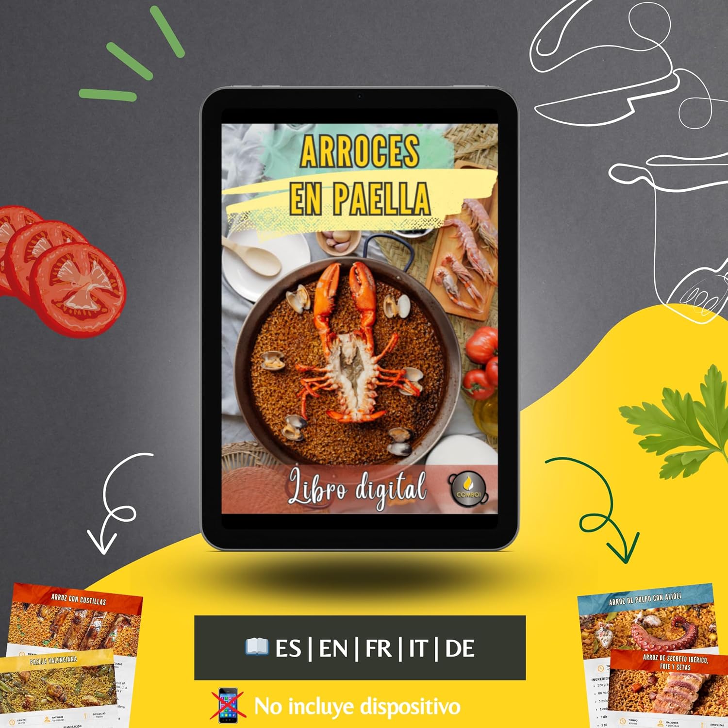 COMBOI - Kit paella, Brûleur à Gaz Butane de 50 cm, Poêles à paella de 60 cm et 42 cm, Régulateur de Gaz, Tuyau, Trépied Renforcé, Tablier et Recettes. – Image 6