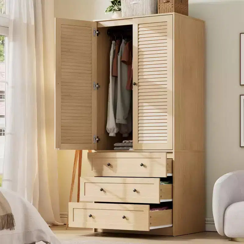 COZONY Armoire Wardrobe with 3 Drawers & 2 Doors, Modern Wooden Closet Cabinet for Bedroom, Heavy Duty White Standing Armoire – Image 4