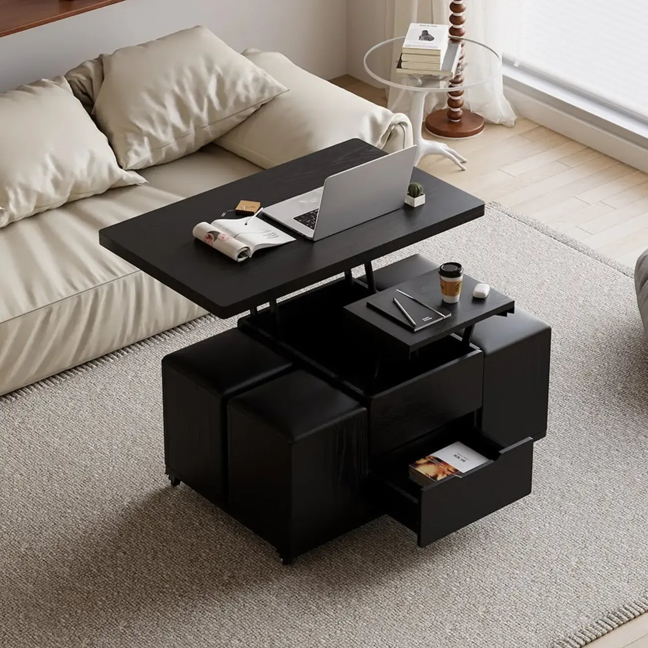 Foldable Lift-Top Coffee Table with 4 Stools & Storage – Image 51