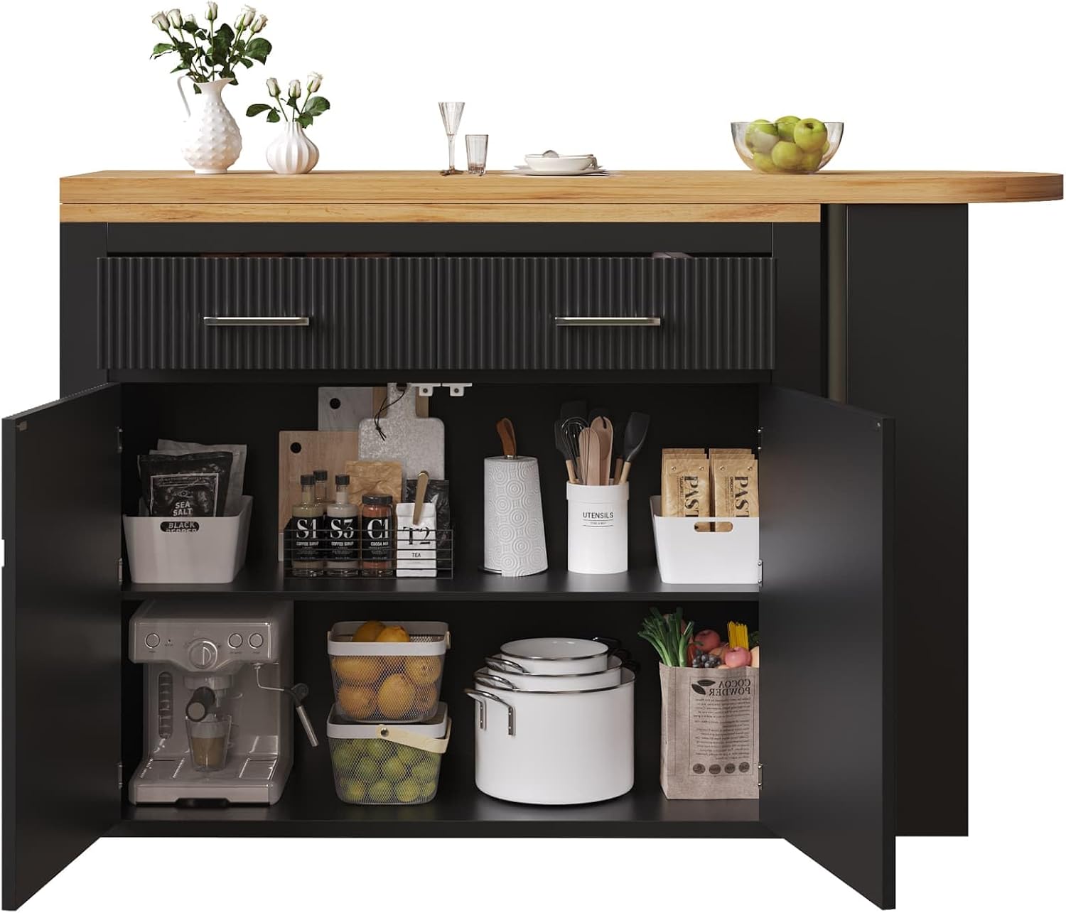 KOMHTOM Table de Bar Extensible avec Espace de Rangement, Meuble Bar avec 2 Portes en Verre, Rotation Libre à 360 °, étagères latérales (Noir-3) – Image 3
