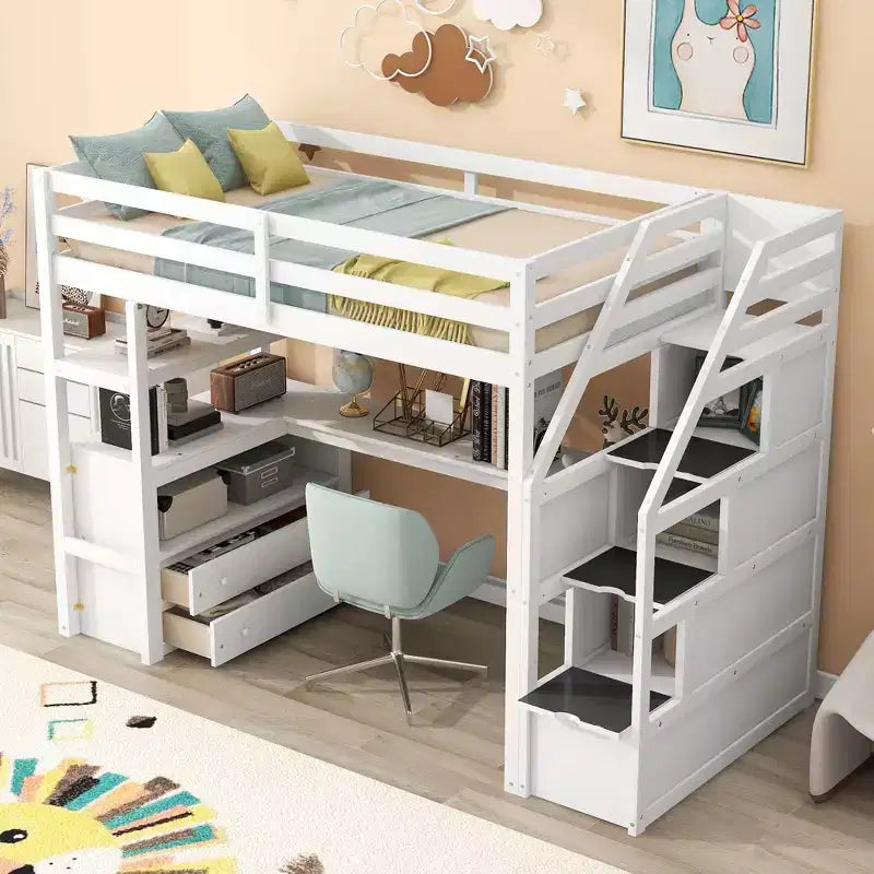 Okak Full/Twin Size Solid Wood Bunk Bed with 2 Built-in Drawers & Storage Staircase Loft Bunk Bed with Desk & Shelves for Kids Teens, Easy Assemble – Image 3
