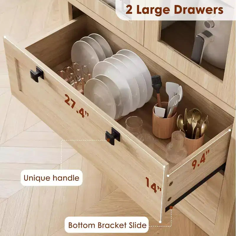 Farmhouse Kitchen Pantry Cabinet with Glass Doors, 72in Storage Cupboard with Drawers and Adjustable Shelves for Dining Room Bathroom Living Room – Image 12