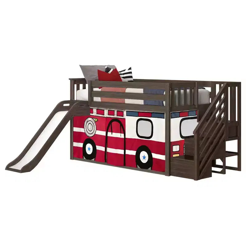Low Twin over Twin Bunk With Stairs, Easy Slide & Firetruck Curtain – Image 4