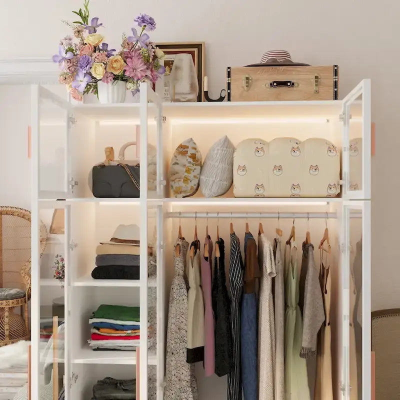 47.2 Wide Armoire LED Light All Glass Door Closet Cabinet Wardrobe – Image 49