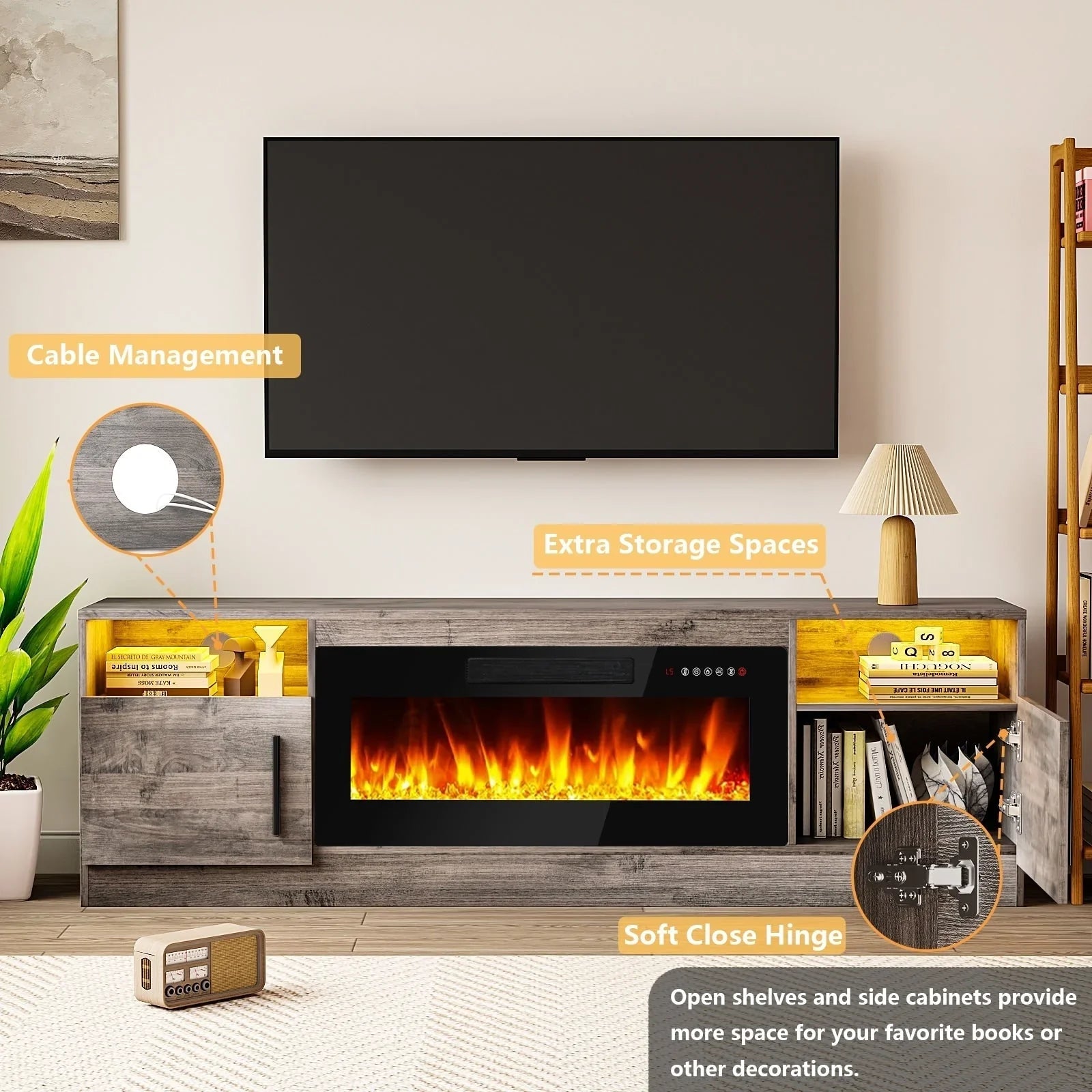 Bossin 70 Fireplace TV Stand with 36 Electric Fireplace, TV Stand for TVs Up to 80, 16 Colors LED Lights/Entertainment Center – Image 35