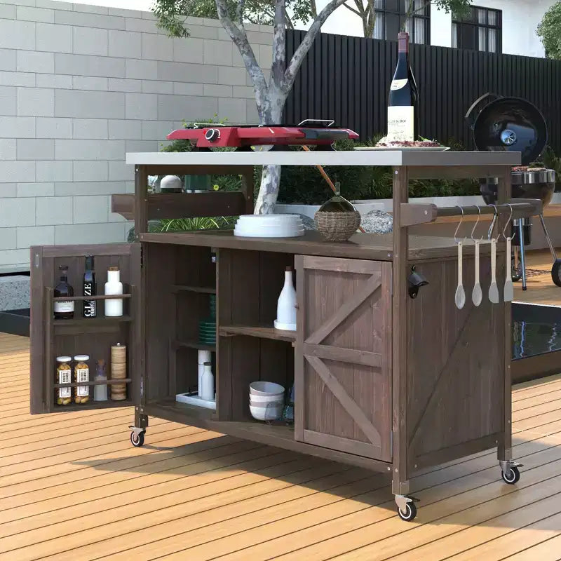 Outdoor Kitchen Island with Stainless Steel Top, Wooden Kitchen Cart with Doors, Shelves and Spice Rack, Rolling Kitchen Island – Image 18
