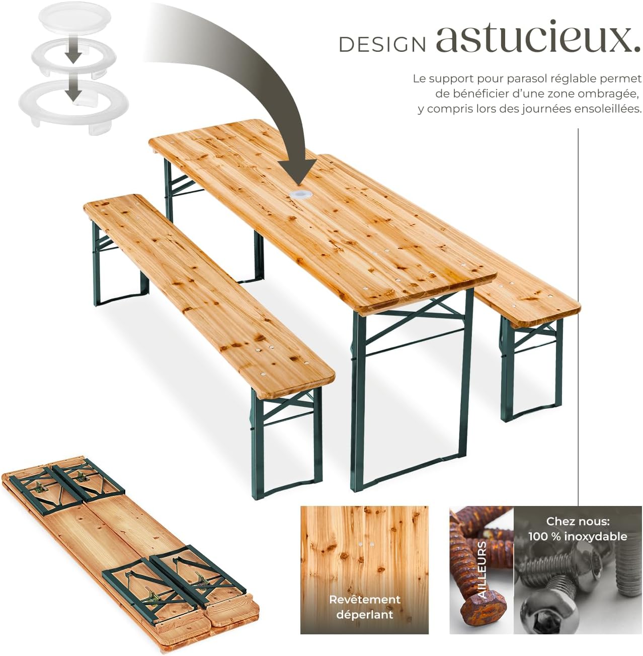 tectake® Ensemble de Table extérieure et Banc en Bois de Brasserie 3 pcs. Salon de Jardin Pliable & Peu encombrant, avec Support Parasol, Mobilier Solide pour Pique Nique Réceptions Barbecue Mariage – Image 4