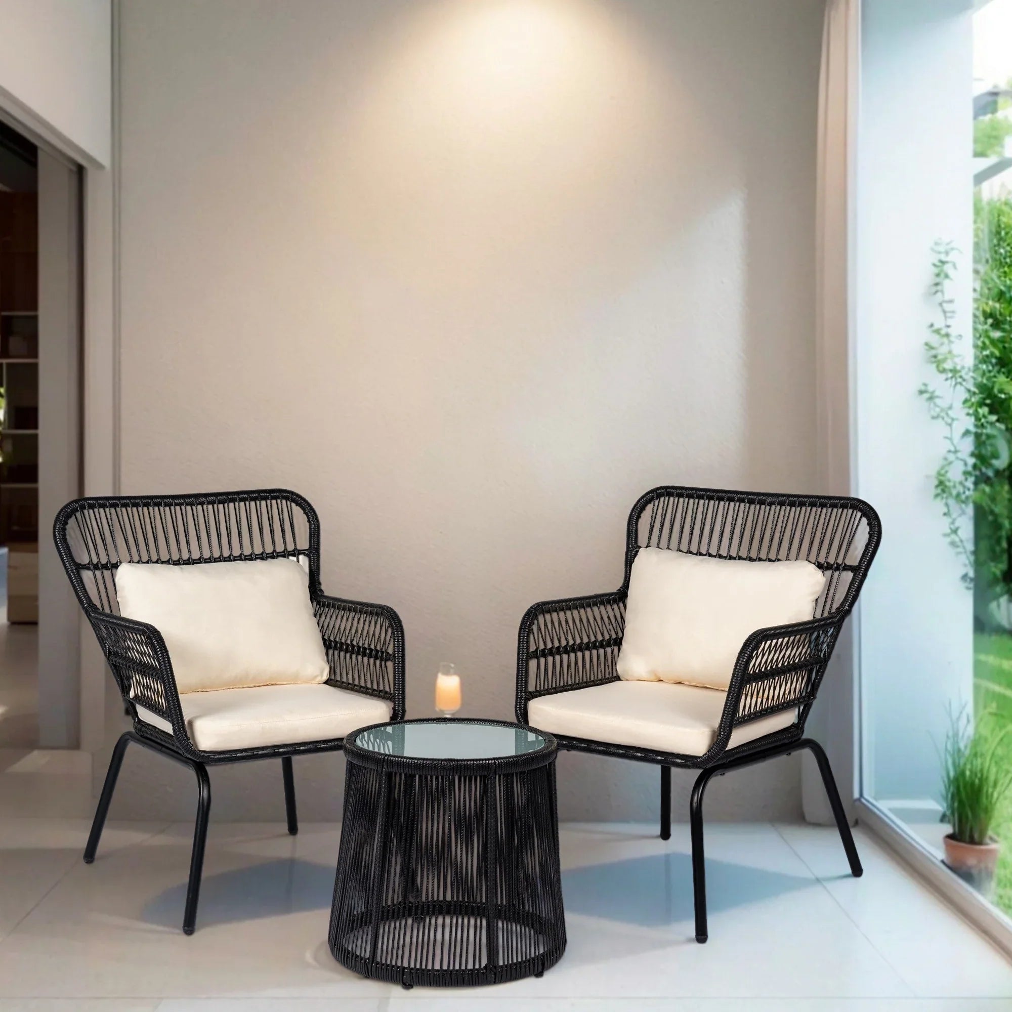 3 Piece Outdoor Wicker Conversation Bistro Set, All-Weather Rattan Furniture Patio Chairs Set with Cushions – Image 33