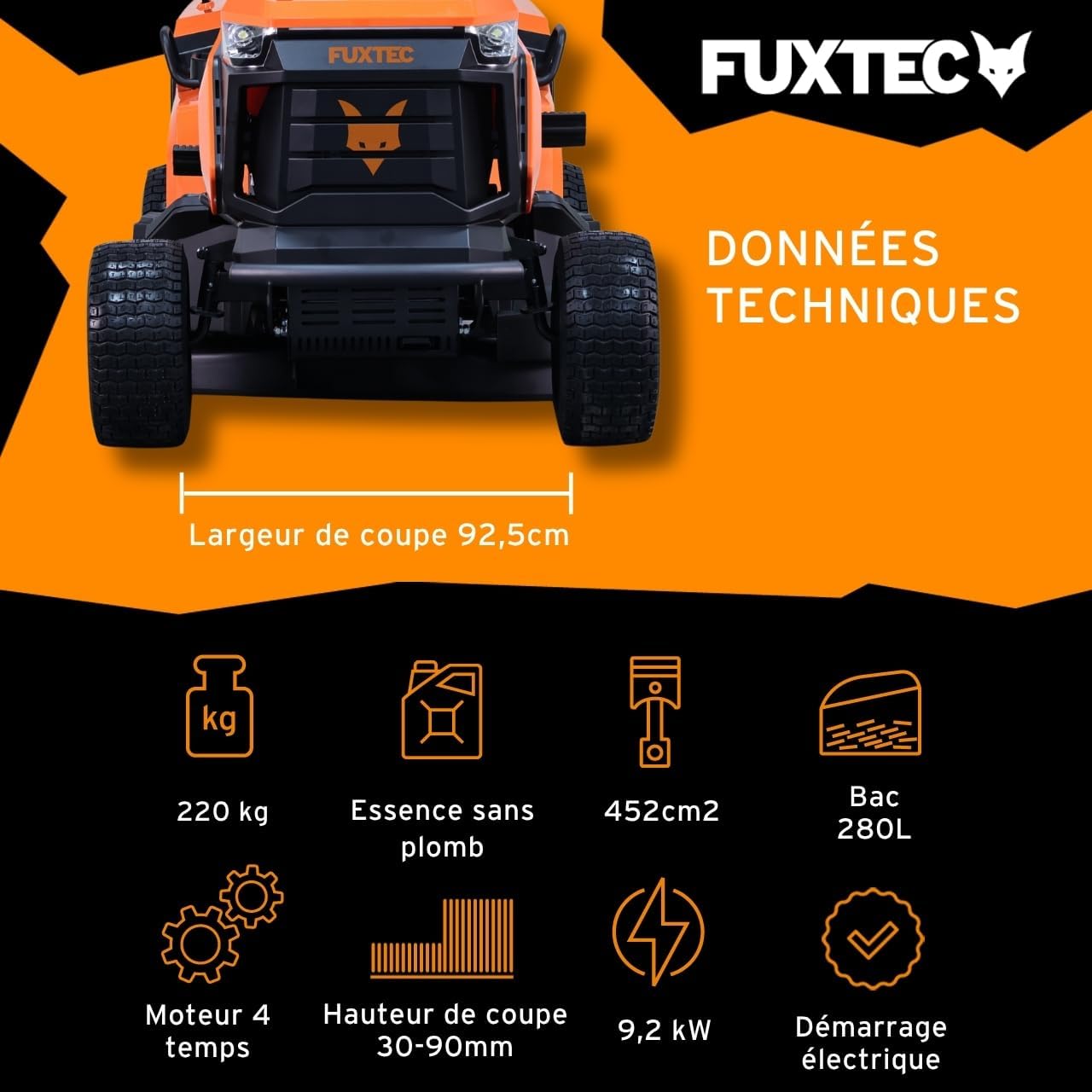 FUXTEC FX-RMT92A – Tondeuse autoportée hydrostatique – Tracteur de pelouse Essence 9,2 KW – Largeur de Coupe 92,5 cm – Bac 280 L – 6 hauteurs de Tonte – LED Automatique – Fonction Mulching intégrée – Image 3