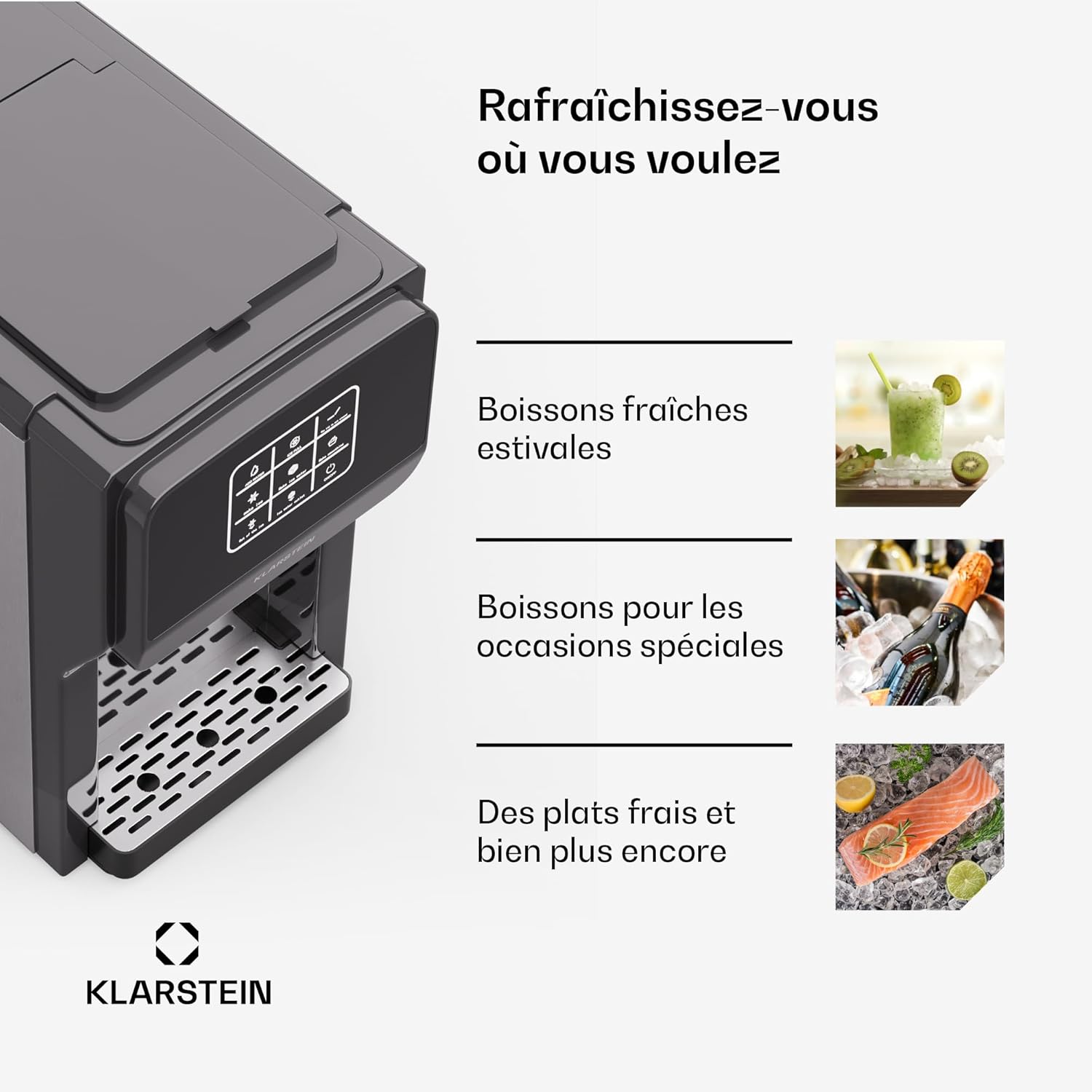 Klarstein ArcticBlend 3-en-1 machine à glaçons, 20 kg/24 h, glaçons et glace pilée, distributeur d'eau, réservoir 6 L, acier inoxydable, machine à glacons maison, noir – Image 6