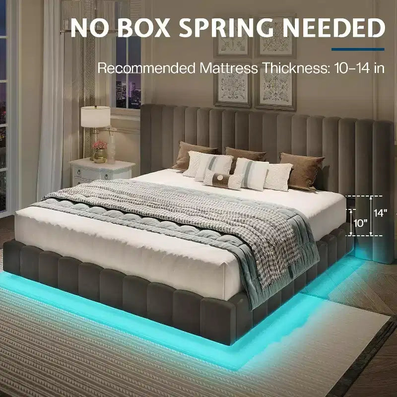 AMERLIFE Upholstered Platform Bed with LED Lights, Floating Design, Solid Slat Support – Image 17