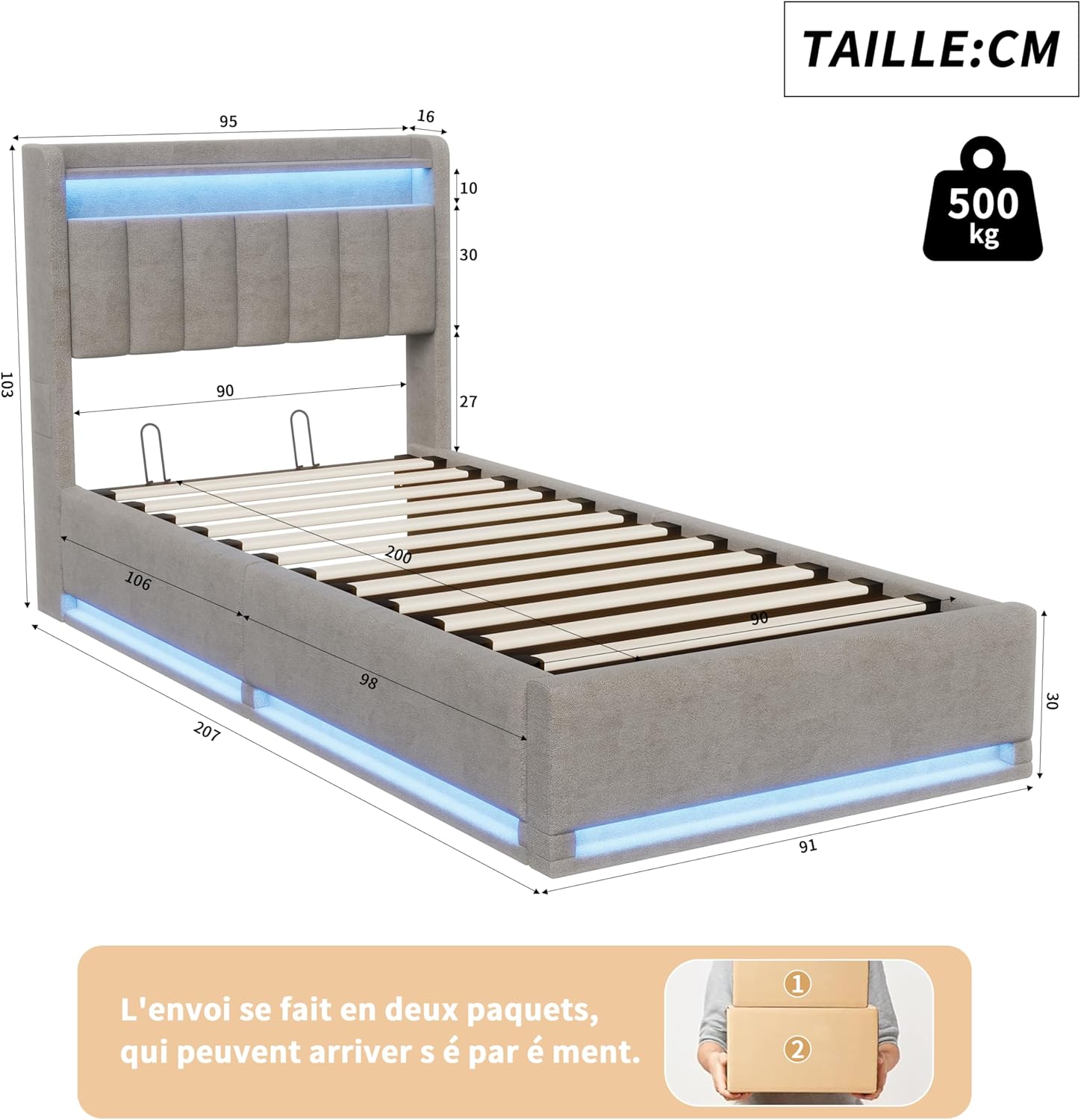 Lit Coffre 90x200 cm avec LED et Ports USB,Tête de Lits avec Rangement,Lit Double avec Sommier à Lattes, Facile à Assembler,pour Adultes et Adolescents,Velours (Gris, 90x200 cm) – Image 2