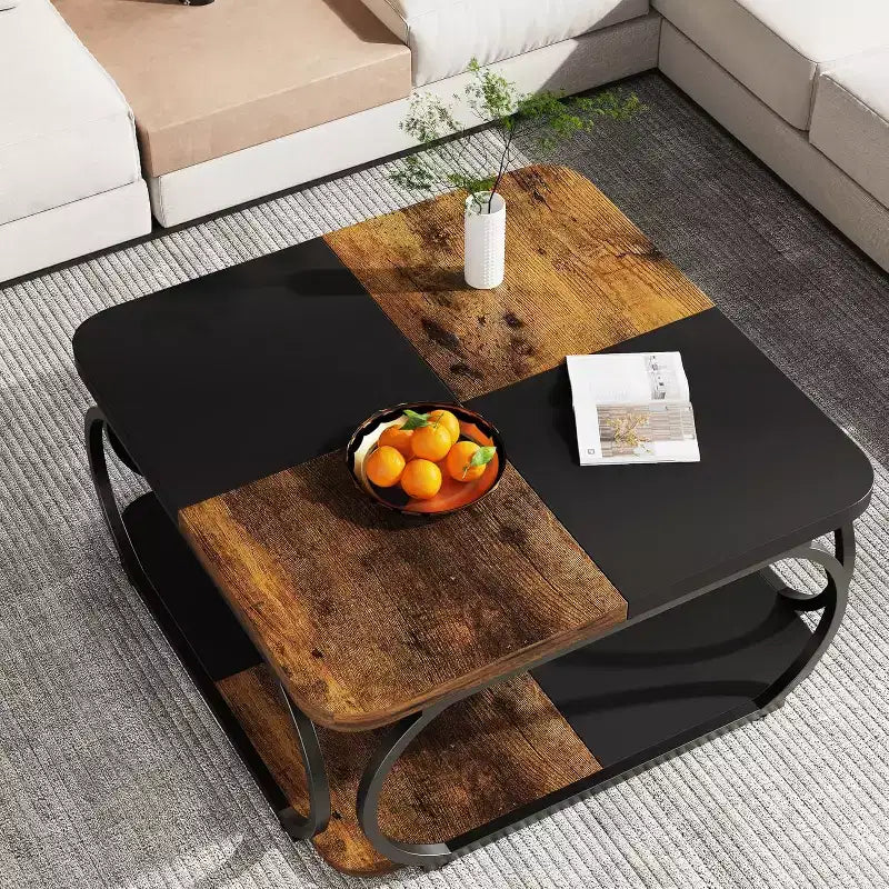 Lantine 40-Inch Square Coffee Table with 2 Tiers, Low Farmhouse Table with Storage Shelf for Living Room, Black Rustic Brown – Image 3