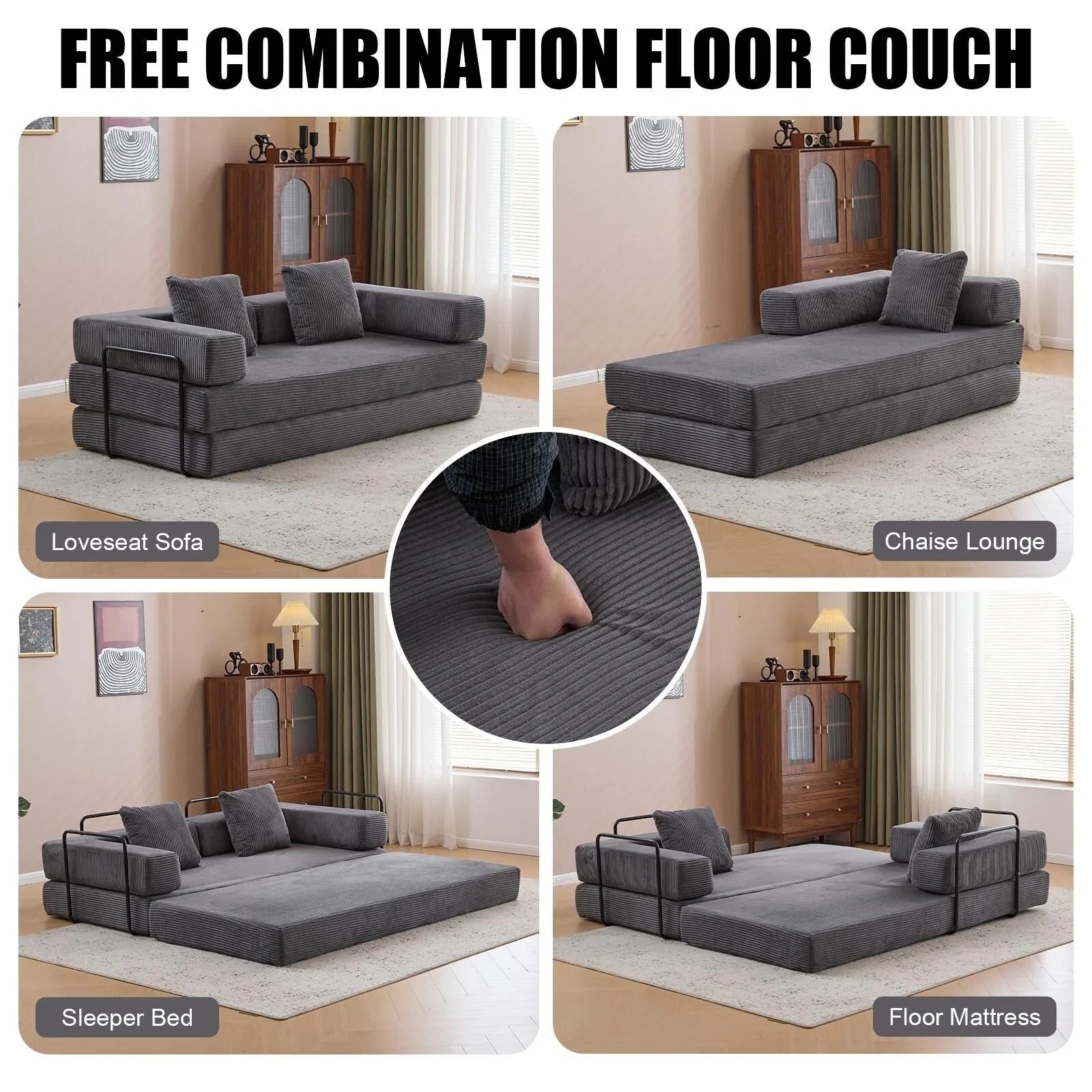 Convertible Floor Sofa Bed with Pillow Back Chenille Fabric for Living Room Bedroom – Image 15