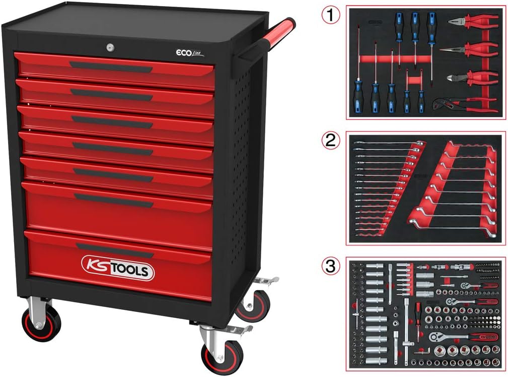 KS TOOLS Noir/Rouge Servante d'atelier Ecoline 7 tiroirs, équipée de 215 Outils, Acier allié, 748 x 1014 x 459 mm – Image 2