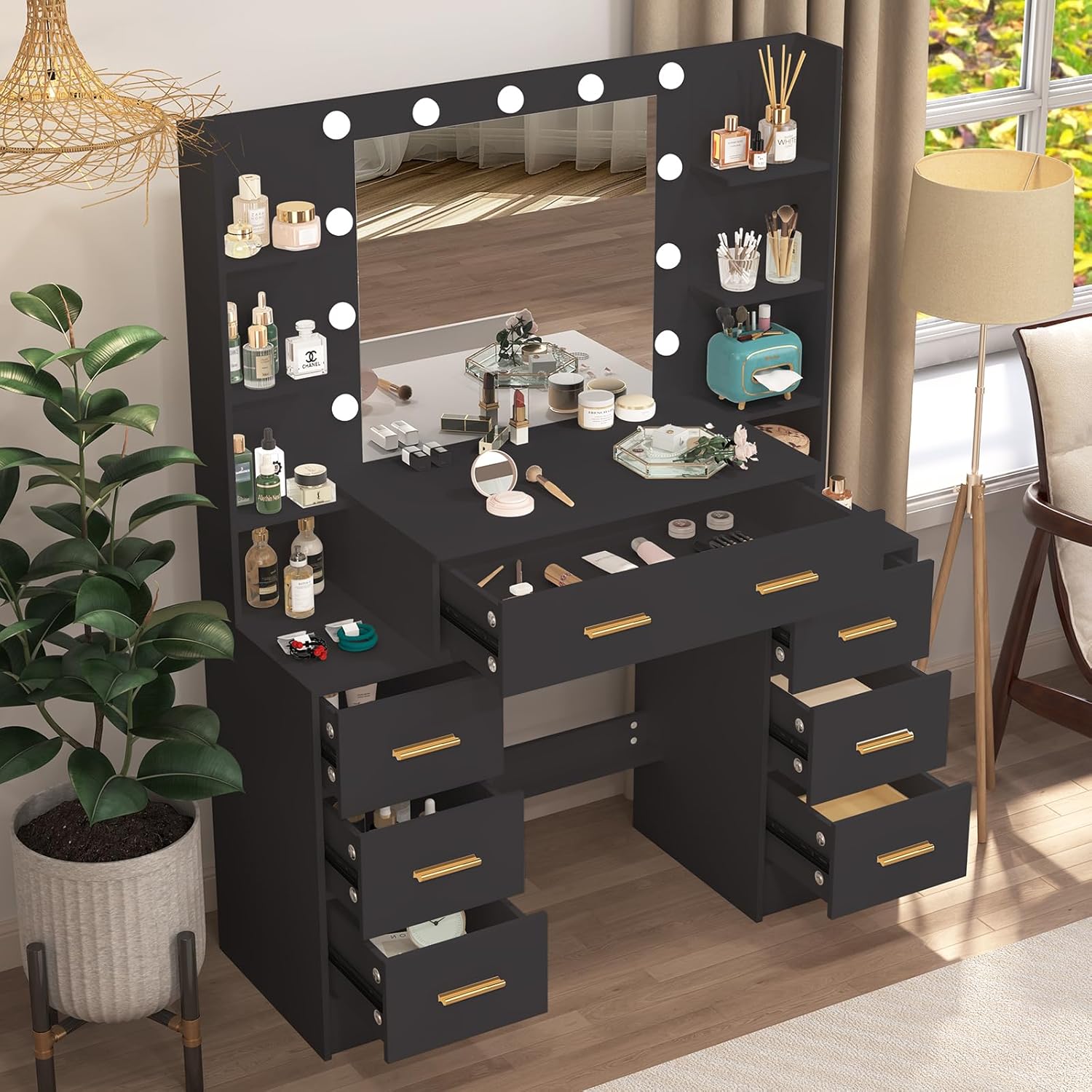 Puselo Coiffeuse avec éclairage et miroir, 7 tiroirs, 8 étagères, pour chambre à coucher, 110 x 40 x 140 cm, noire – Image 3