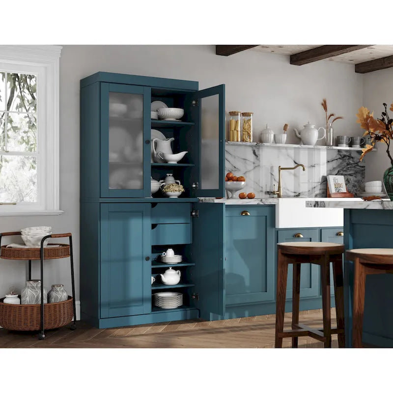 100% Solid Wood Pantry Cabinet with Frosted Glass Doors, Solid Doors, 2-Drawers and Adjustable Shelves – Image 41