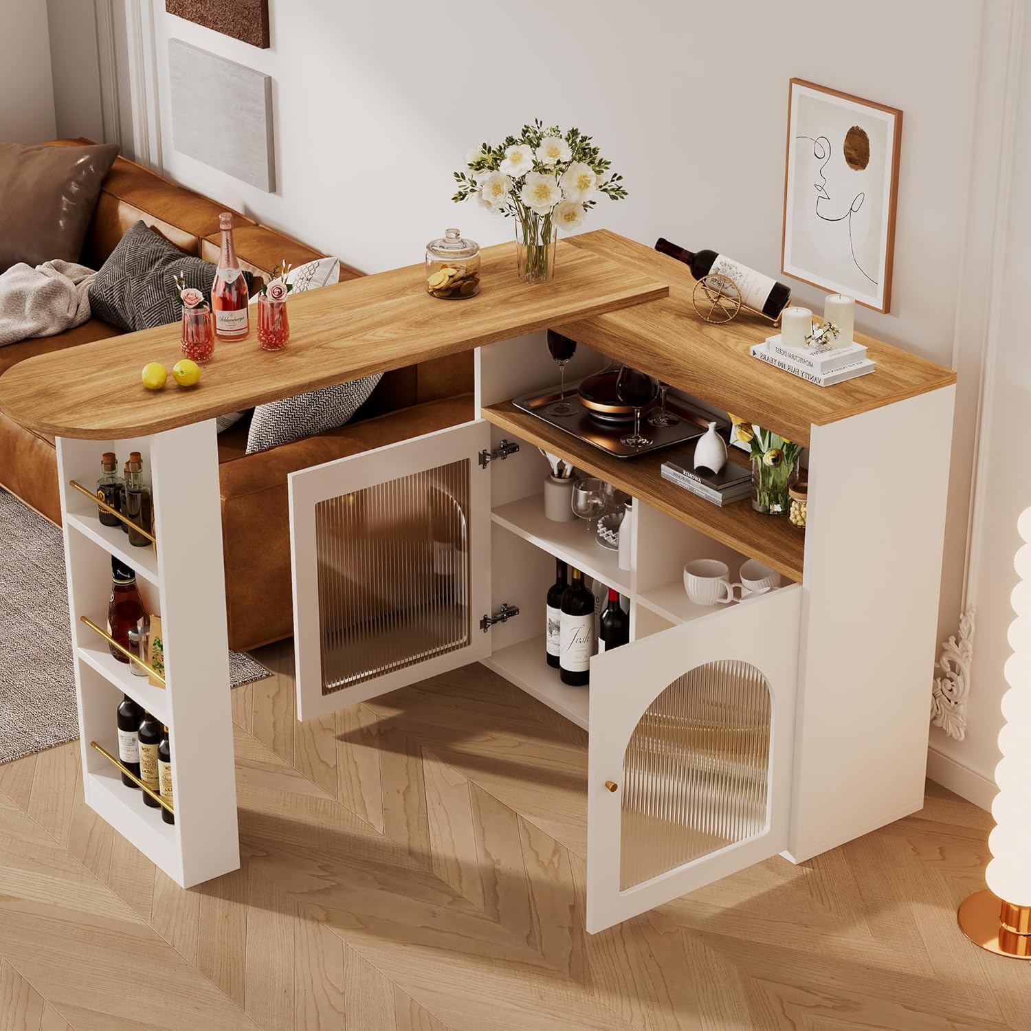 Table de bar extensible avec espace de rangement, table de bistrot avec 2 portes en verre, rotation libre à 360 °, étagères réglables, petite table de cuisine, table haute pour bar de maison, 138-193