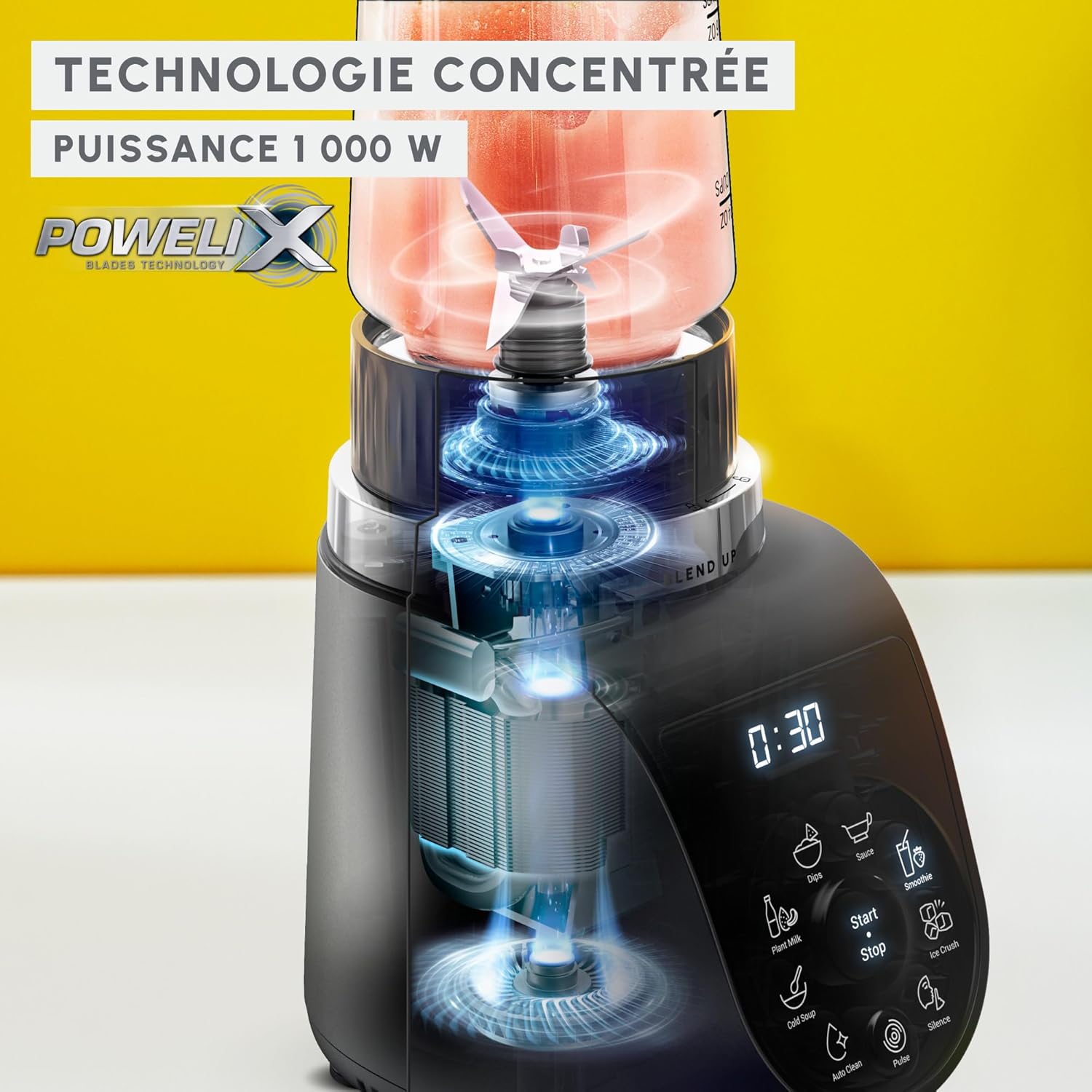 Moulinex Blend Up, Mini blender puissant, 1 000 W, 8 programmes automatiques, Glace pilée LM19H4F0, Gris Etain – Image 4