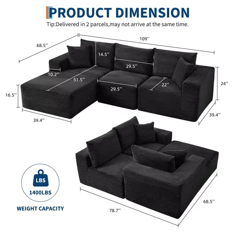 108 Modern Sofa Couch, 3 Seater Upholstered L Shaped Sofa with Pillows, Deep Seat Sofa, No Assembly Required – Image 11