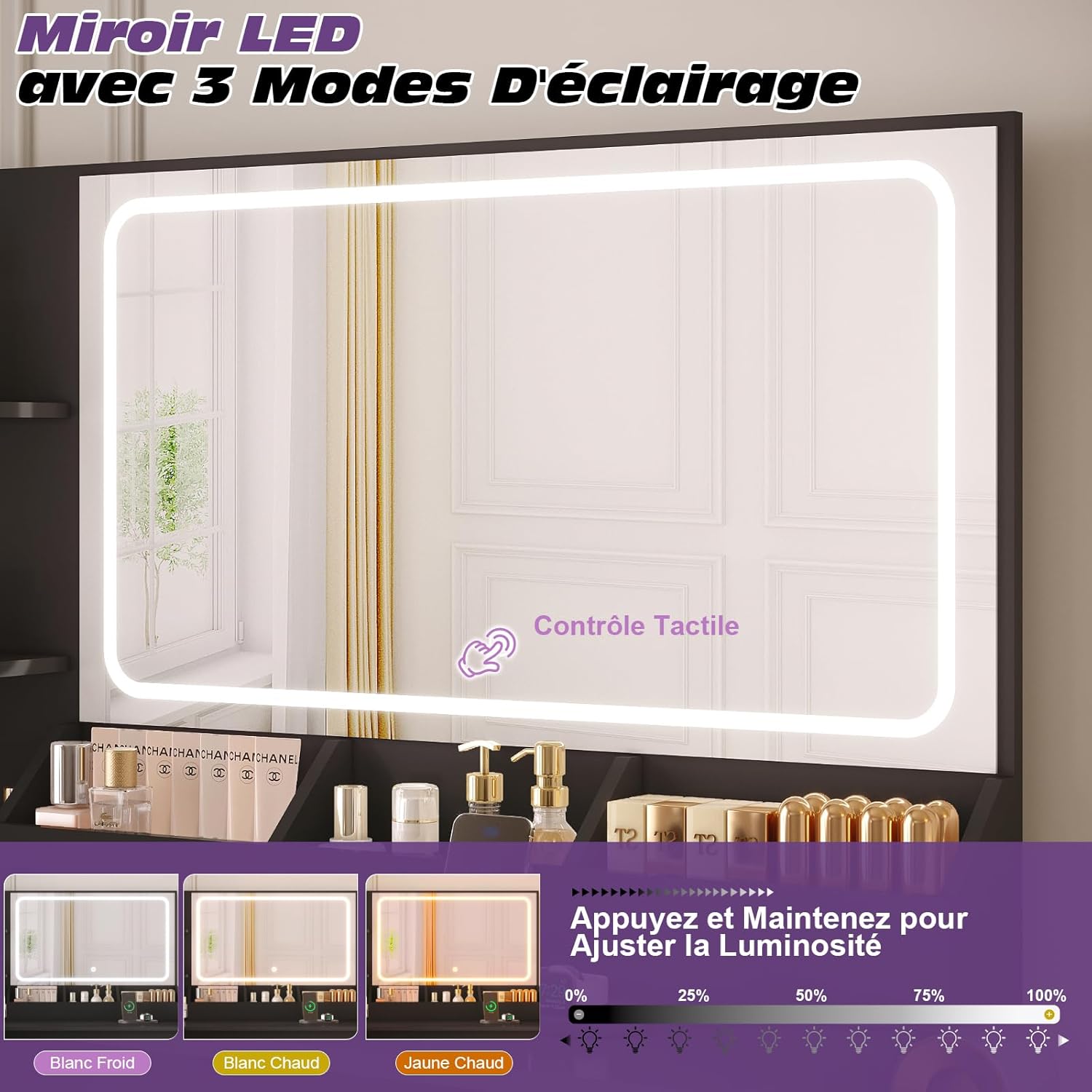 TRIUMPHKEY Coiffeuse avec Grand Miroir LED et Tabouret,Table de Maquillage en L avec Multiprise y Support de Sèche-Cheveux,5 Tiroirs,Cloison de Rangement,Étagères,Coiffeuse Moderne Noir – Image 3