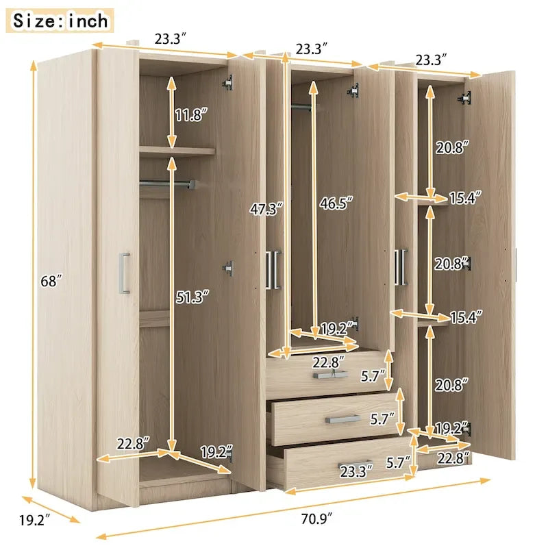 6-Doors Wooden Wardrobe Storage with 3 Big Drawers for Bedroom – Image 7