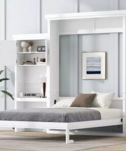 Whisen Wood Queen Size Murphy Bed with Multiple Storage Shelves and Louvered Style Decoration