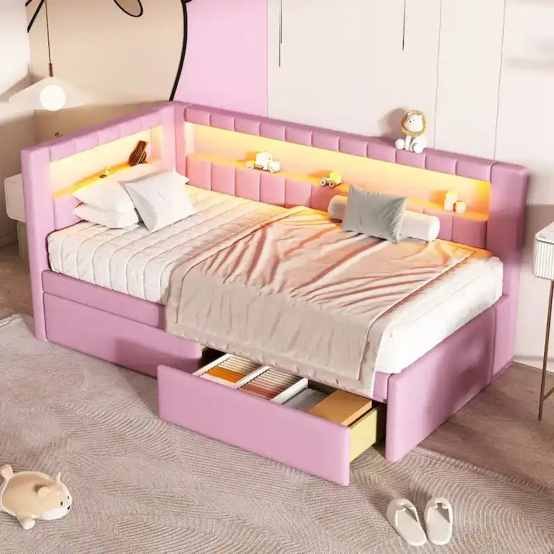 Upholstered Platform Bed with USB Ports & LED Lighting - Full/Twin Size Bed Frame with 2 Storage Drawers - Modern Bedroom – Image 18
