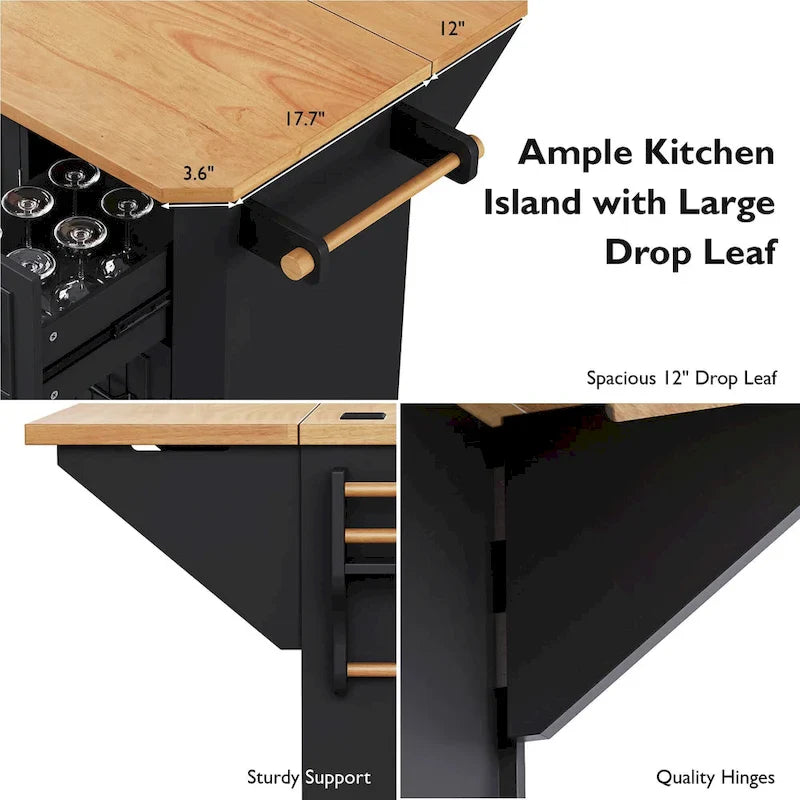 Expandable Drop-Leaf Kitchen Island, Kitchen Cart on 4 Wheels with Power Outlet, Moveable Island Table with 2 Door & 6 Drawers – Image 10