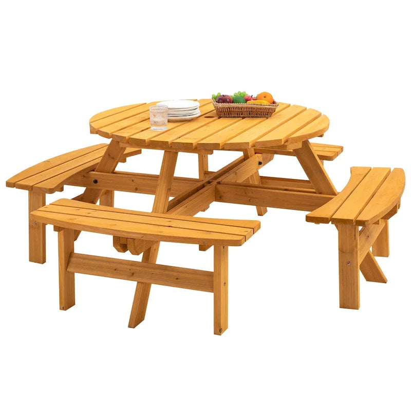 8-Person Outdoor Patio Fir Wood Round Picnic Dining Set with 4 Built-in Benches and Umbrella Hole – Image 22