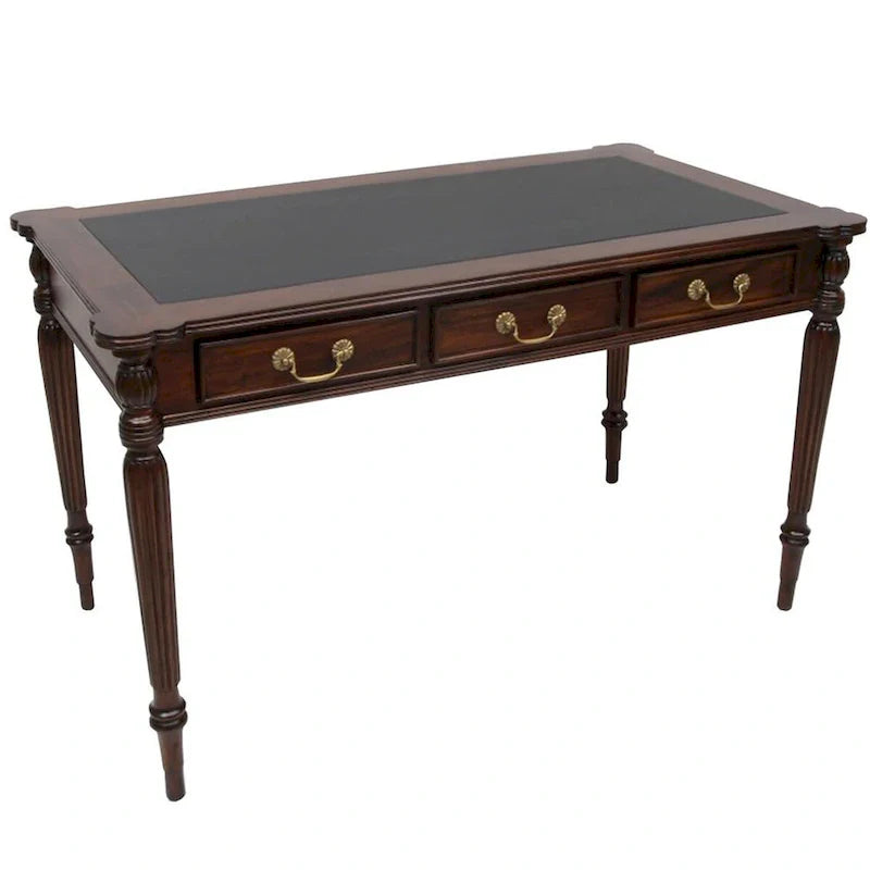 Dark Brown / Light Brown Victorian-Style Solid Mahogany Desk with Black Leather Top and 3 Drawers – Single Unit – Image 6