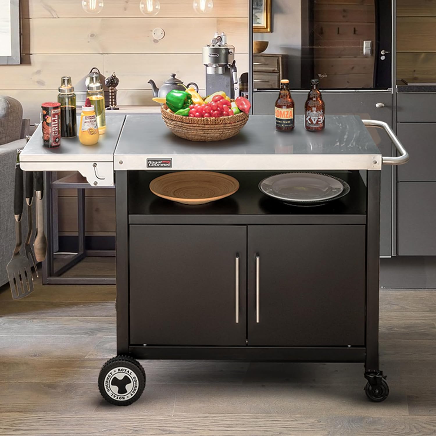 Royal Gourmet Chariot de Barbecue avec Porte d'Armoire, Desserte Extérieure pour Plancha avec Dessus de Table en Acier INOX 85 x 50cm et Table d'Appoint Pliable de 30 x 50cm, pour Cuisine et Jardin – Image 5