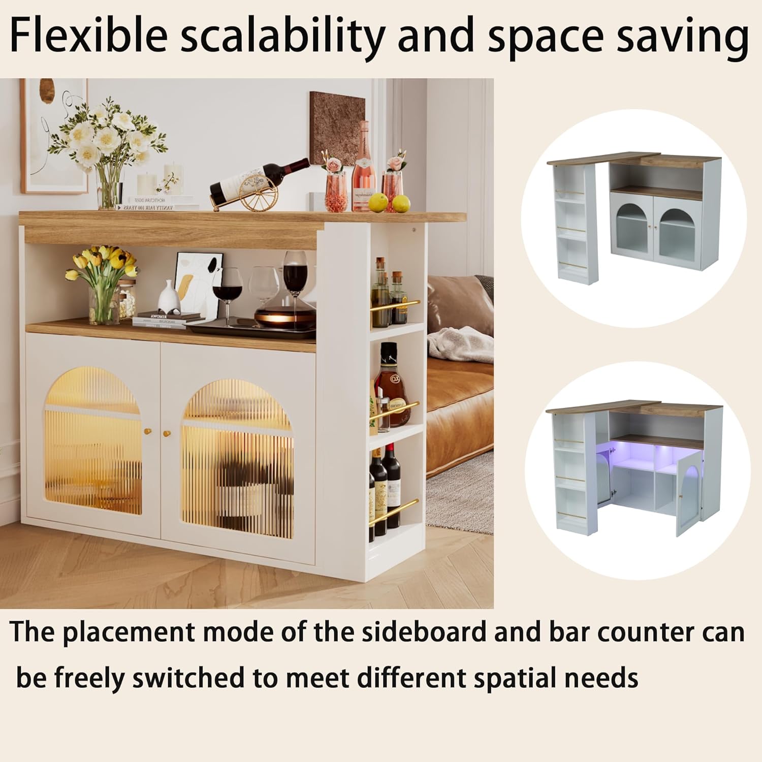 Table de bar extensible avec espace de rangement, table de bistrot avec 2 portes en verre, rotation libre à 360 °, étagères réglables, petite table de cuisine, table haute pour bar de maison, 138-193 – Image 6