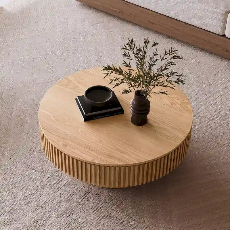 Modern Solid Wood Veneered Round Coffee Tea Table with Storage – Image 38