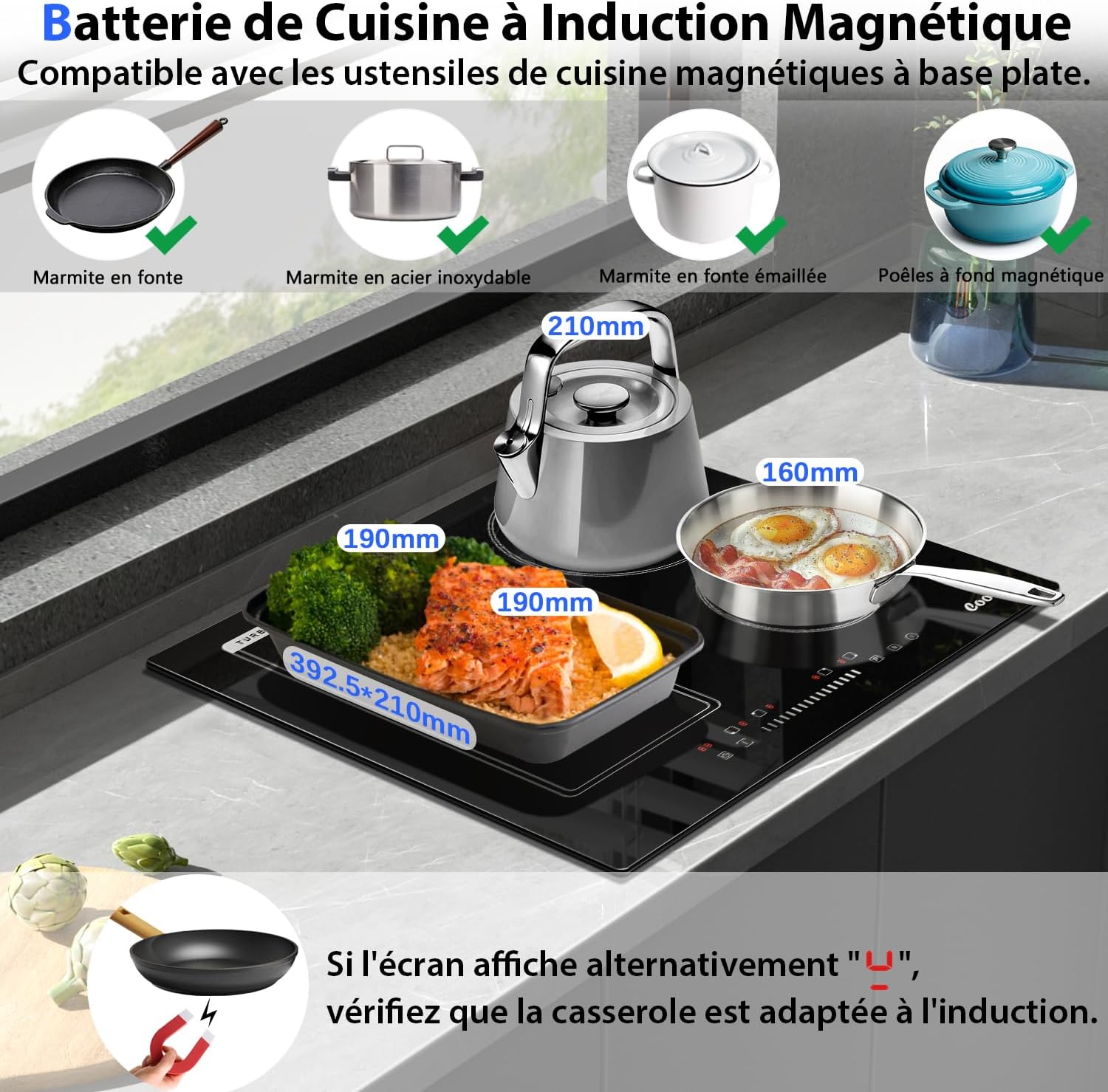 Plaque Induction 4 Feux avec Prise, Table de Cuisson Induction Encastrable 60cm, Plaque Electrique 4 Feux 3500W, Zone Combinée pour le Gril, Commande Tactile à Curseur, 220V – Image 4