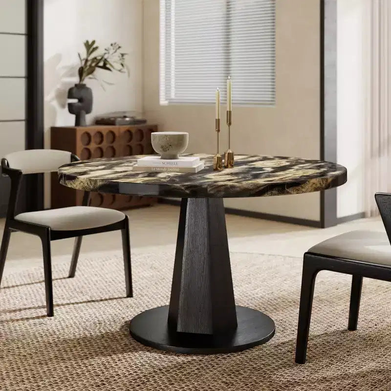 Roundhill Furniture Cavira Modern Faux Marble Dining Table with Wood Pedestal Base