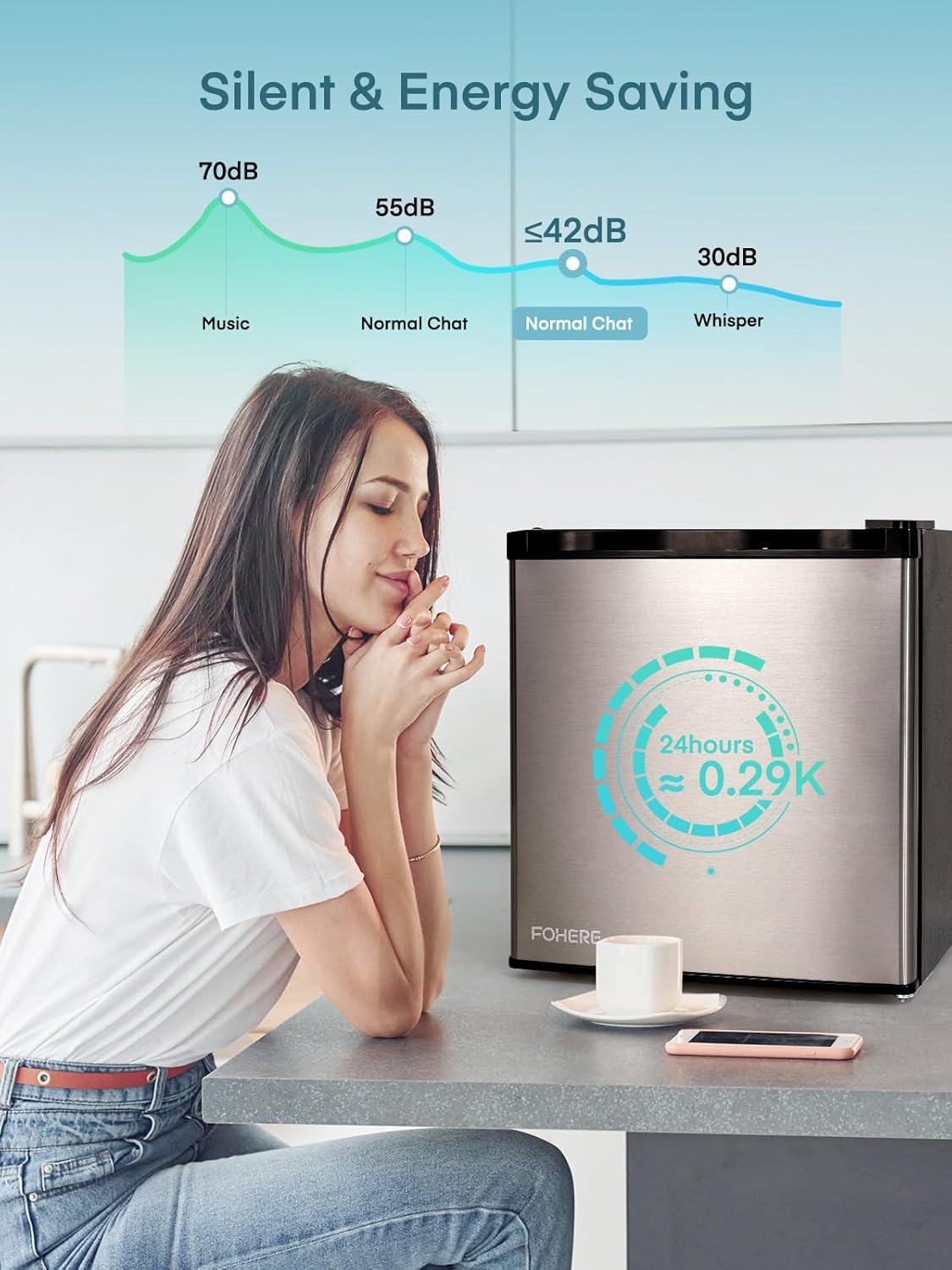 FOHERE Mini Réfrigérateur 46L, Petit Frigo avec Thermostat Réglable, Économie d'Énergie, Silencieux, Porte Réversible, Minibar, Adapté à la Maison et au Bureau, Dortoir, Hôtel, Inox – Image 4