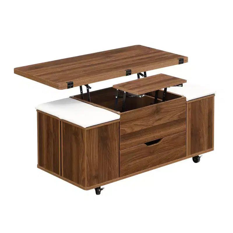 Zeus & Ruta Multi-Function Modern Lift-Top Coffee Table with Hidden Storage, 4 Stools and Casters, Perfect for Modern Living Spaces – Image 43
