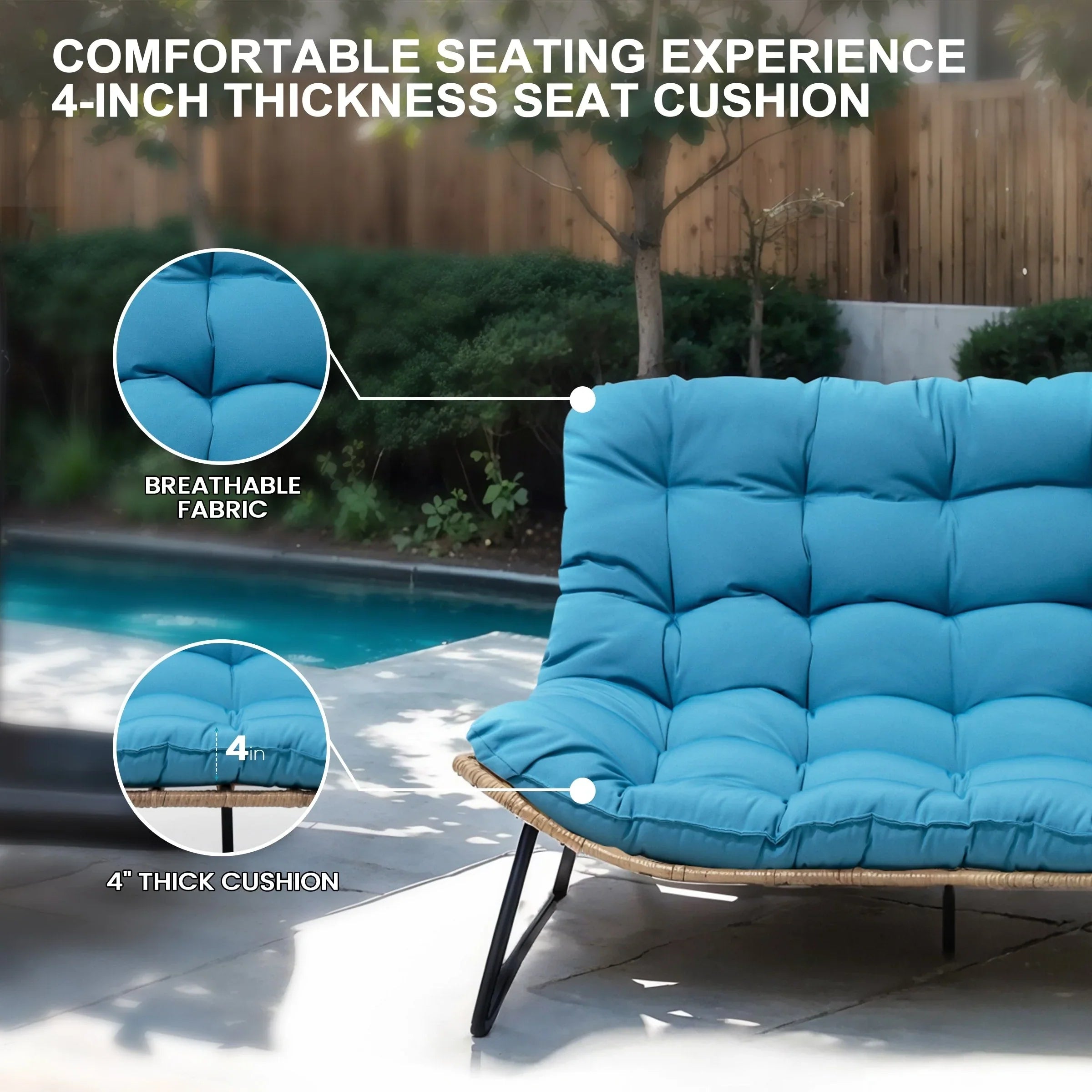Double Papasan Chair Loveseat with Cushion, All-weather PE Rattan and Metal Frame for Indoor Outdoor – Image 5