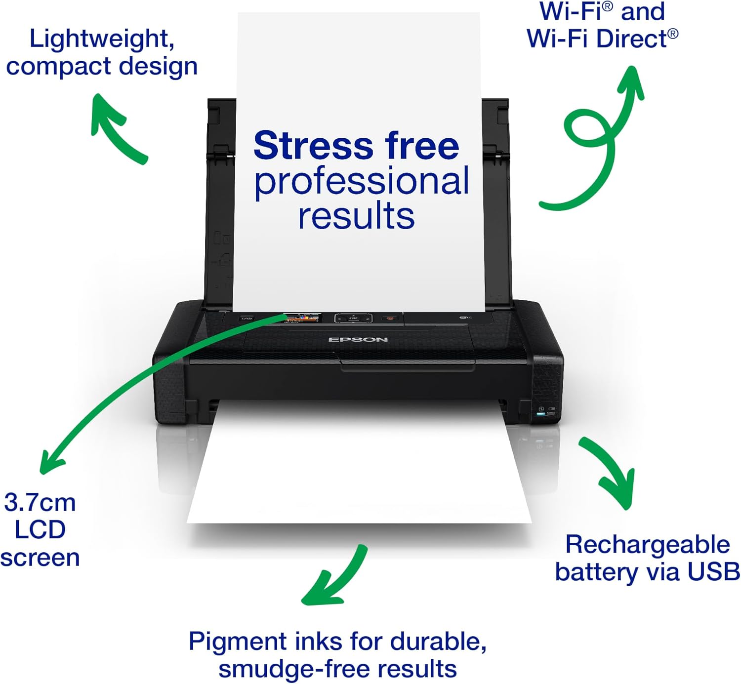 Imprimante portable WorkForce WF-110, Monofonction, Petite, Légère, Batterie intégrée rechargeable par cable USB, A4, Jet d'encre couleur, Connexion Wifi Direct – Image 2