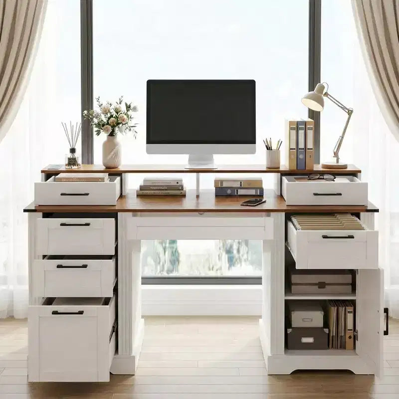 59 Executive Desk with 6 Drawers, Wooden Computer Desk with File Drawer & Charging Station, Home Office Desk Conference Table for Home Office – Image 12