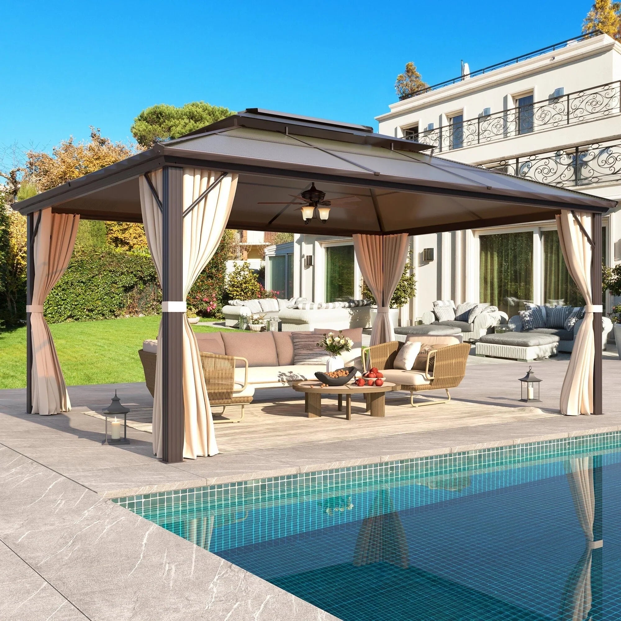 EROMMY Hardtop Gazebo,Outdoor Pergola with Double Roof & Netting & Curtains,Heavy Duty Canopy for Patio, Backyard, Pool party – Image 10