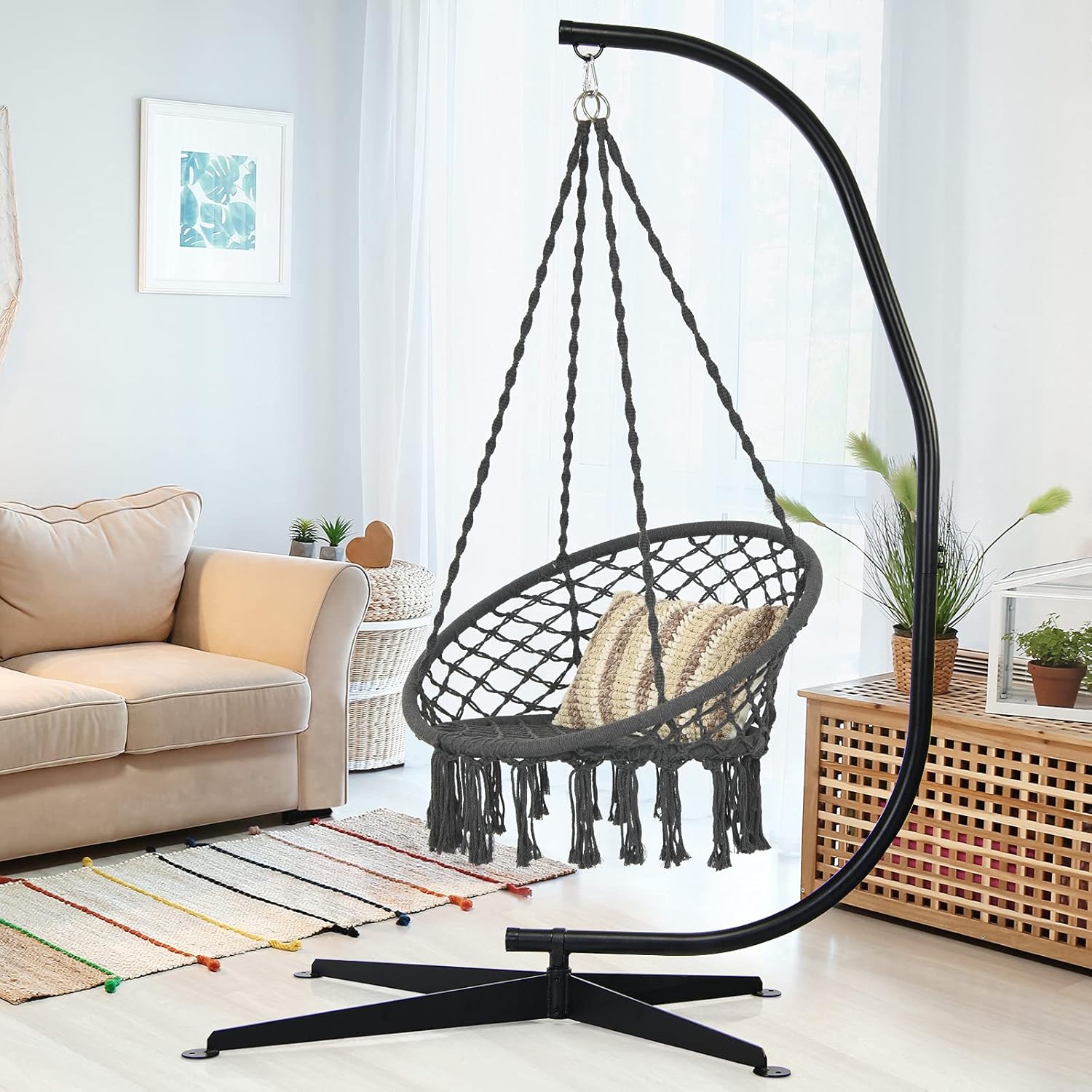 GIANTEX Support Fauteuil Suspendue Structure Métallique Robuste, pour Fauteuil Hamac Suspendu d'Intérieur et d'Extérieur/Balançoire Nid d'Oiseau, Charge de 150 kg, 111 x 84 x 207 cm, Noir – Image 14