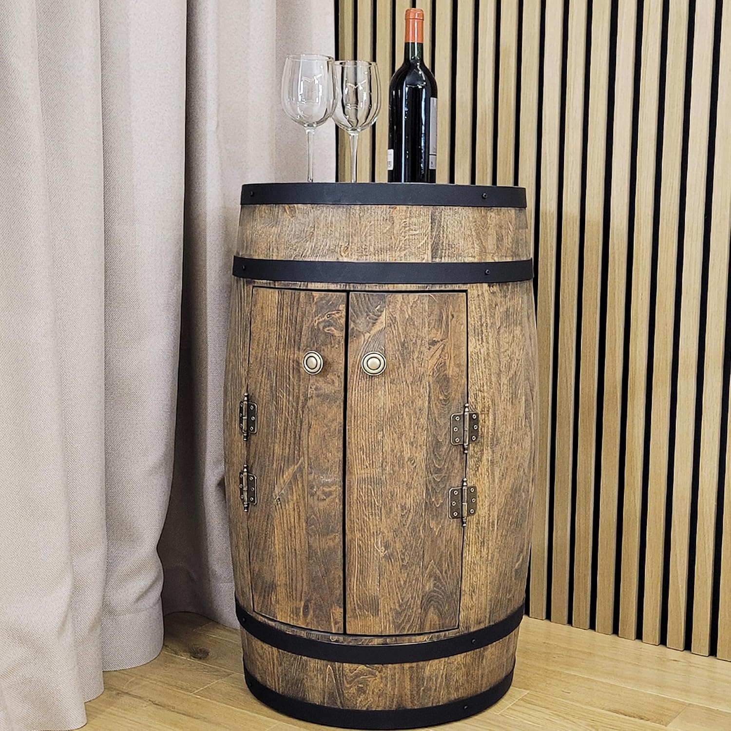 weeco Tonneau en Bois avec LED RGB et Deux Étagères – Mini Bar avec Portes – Couleur Wenge, Brun Foncé – Dimensions 80x50cm – Image 4