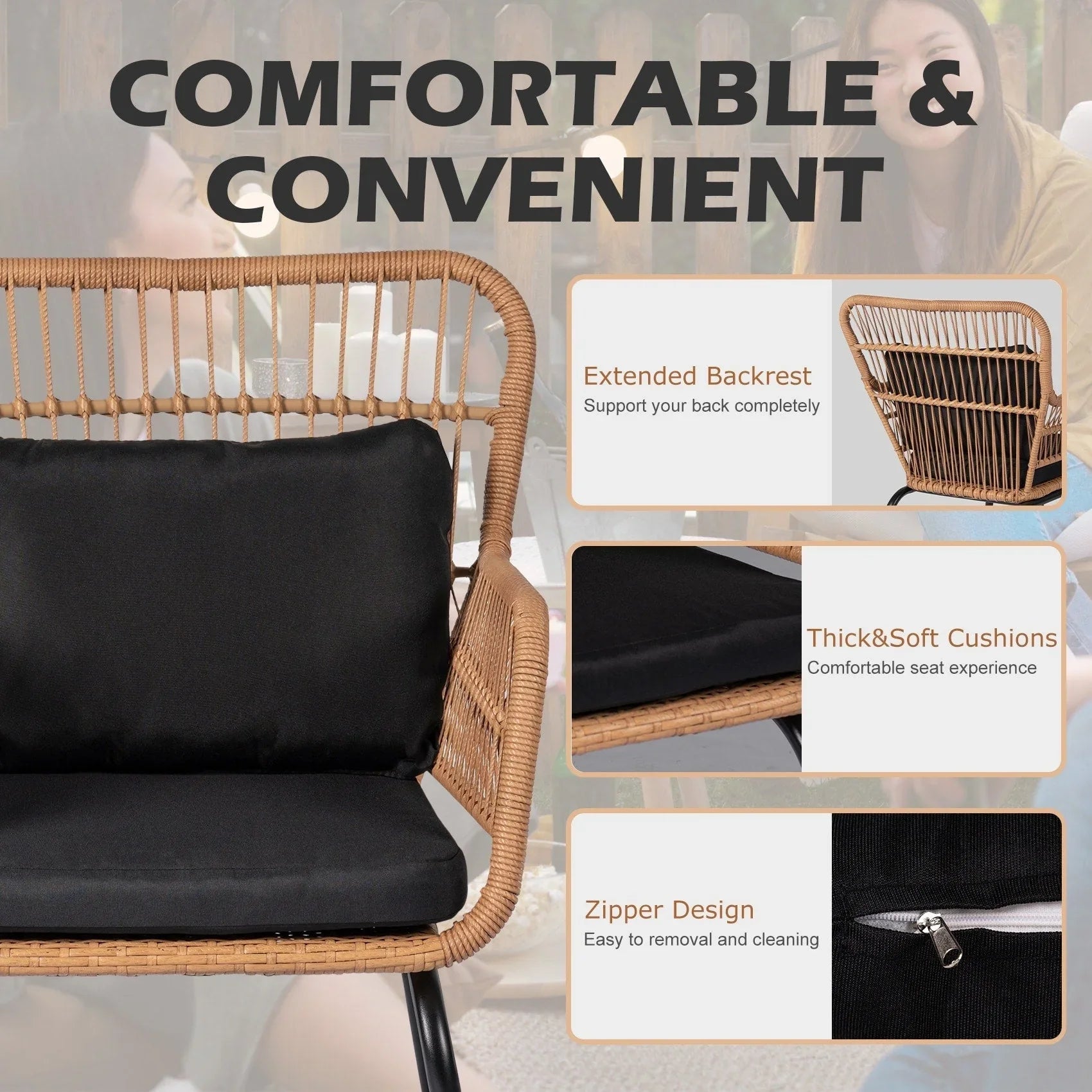 3 Piece Outdoor Wicker Conversation Bistro Set, All-Weather Rattan Furniture Patio Chairs Set with Cushions – Image 43