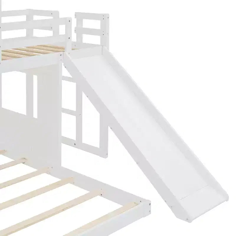 Luxystar Twin Over Full Wood Bunk Bed with Playhouse, Slide and Guardrails – Image 4