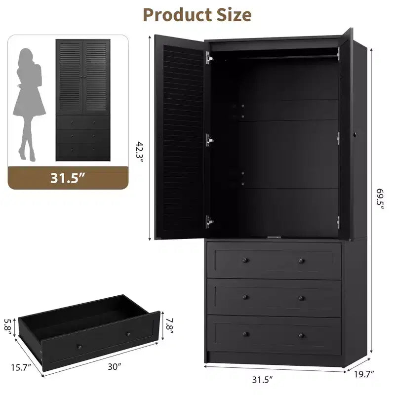 COZONY Armoire Wardrobe with 3 Drawers & 2 Doors, Modern Wooden Closet Cabinet for Bedroom, Heavy Duty White Standing Armoire – Image 9